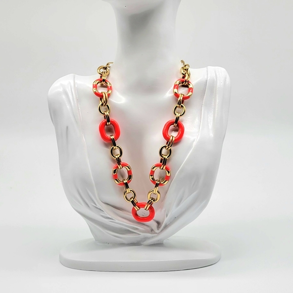 Kate Spade Chunky Gold Rolo Link Statement Necklace with Pink Enameling - Picture 3 of 10